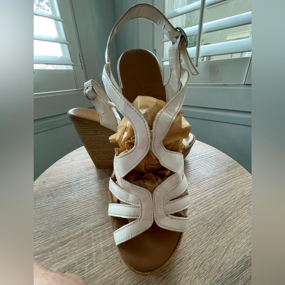 Calisto White Faux Patent Leather Platform Sandal Faux Cork Wedge 8